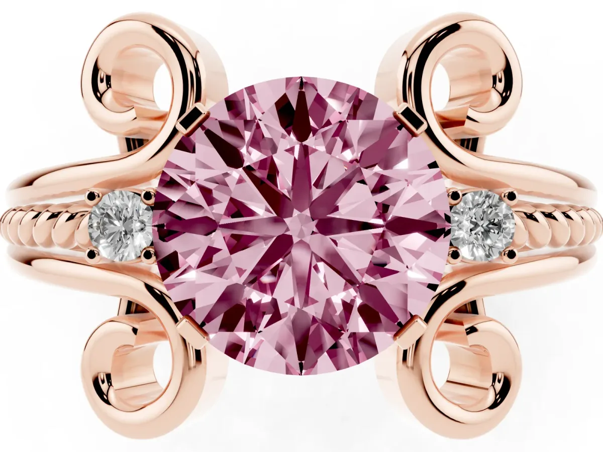 Fancy Pink Round Cut Solitaire Twisted Band Scroll Prong Ring Rose gold