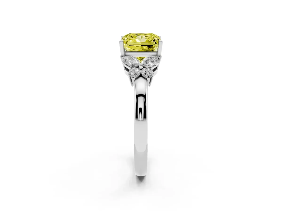 Fancy Yellow Princess Cut Cut Solitaire Floral Diamond Ring with Four-Prong Setting Silver