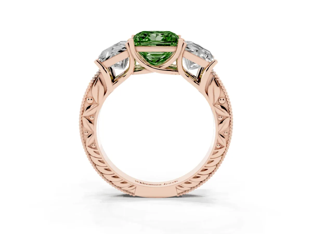 Fancy Green Three-Stone Princess Cut Cut Milgrain Pavé Engagement Ring Rose gold