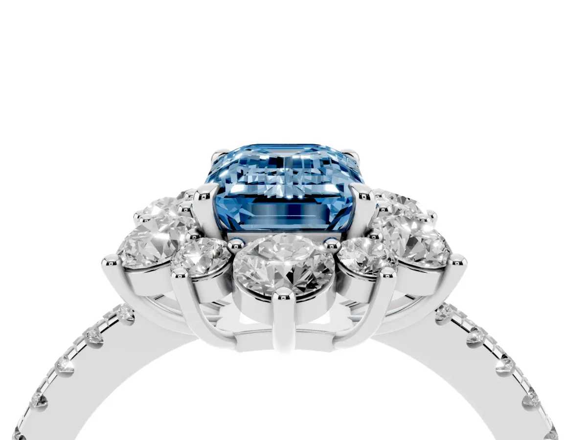 Fancy Blue Emerald Cut Diamond Floral Halo Ring with Round Pavé Band and Prong Setting Silver