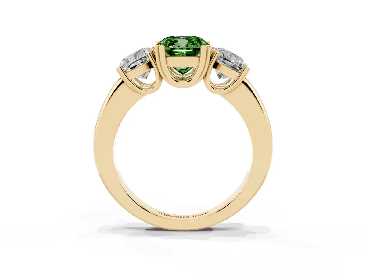 Fancy Green Three-Stone Cushion Cut Cut Diamond Ring with Channel Set Band and Four-Prong Setting Yellow gold