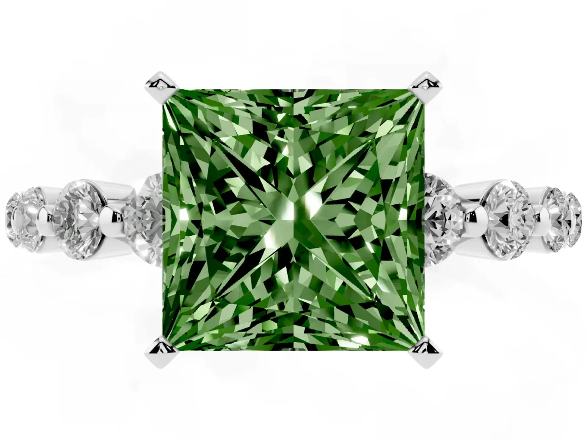 Fancy Green Princess Cut Solitaire Diamond Ring with Pave Band and Four-Prong Setting Silver