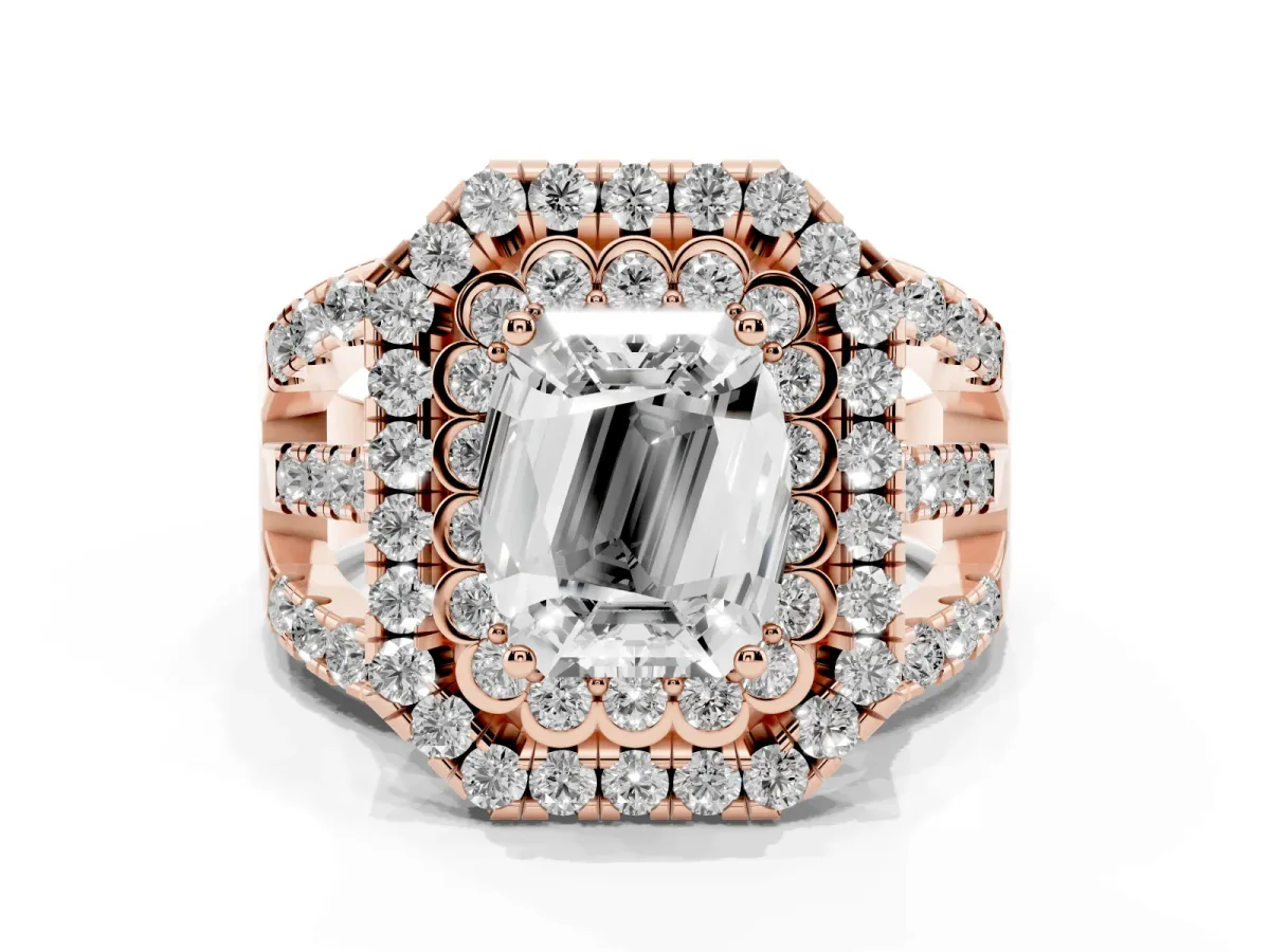 Emerald Cut Diamond Double Halo Ring with Round Pavé Split Shank and Prong Setting Rose gold