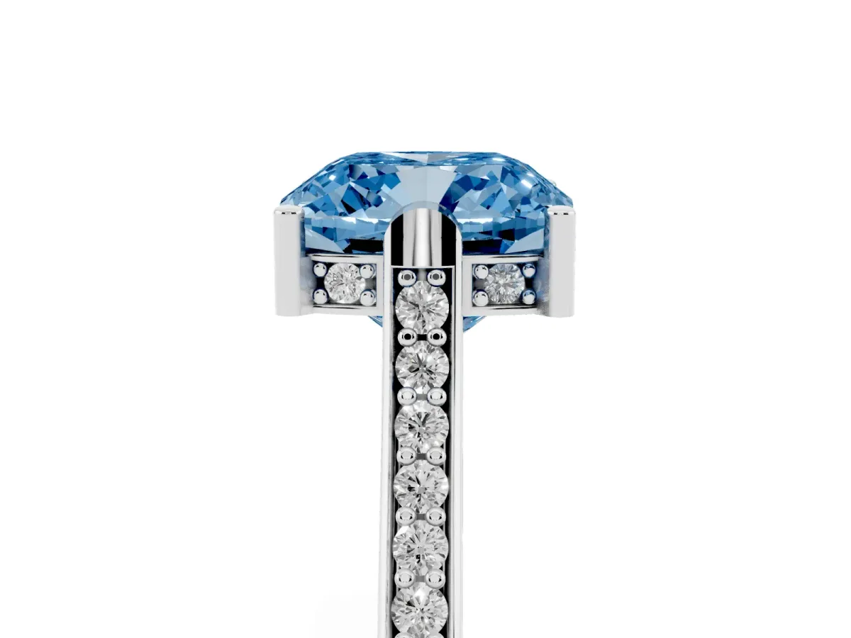 Fancy Blue Cushion Cut Solitaire Diamond Ring with Channel Set Band and Bezel Prong Setting Platinum