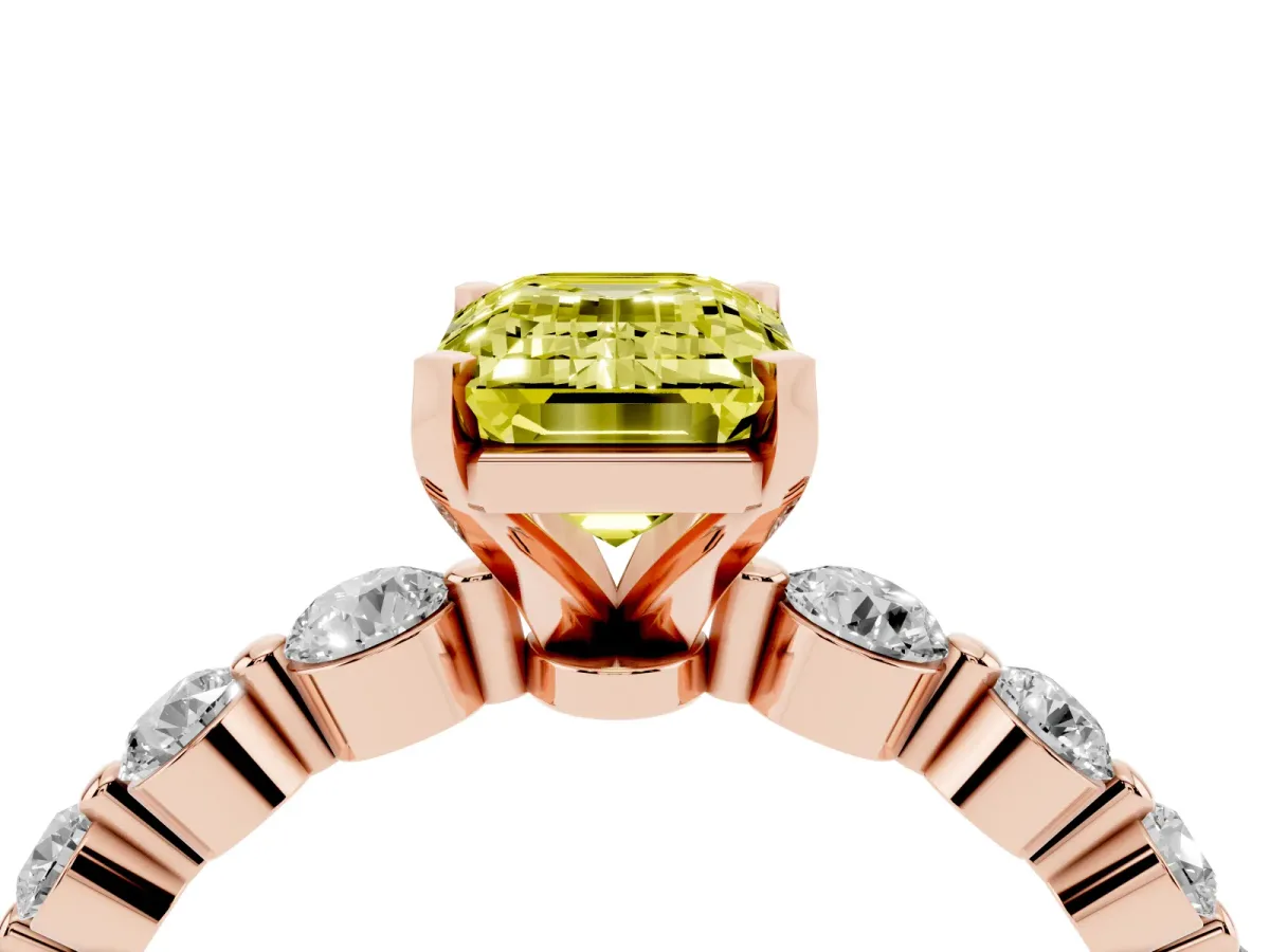 Fancy Yellow Emerald Cut Solitaire Diamond Ring with Pave Band and Four-Prong Setting Rose gold