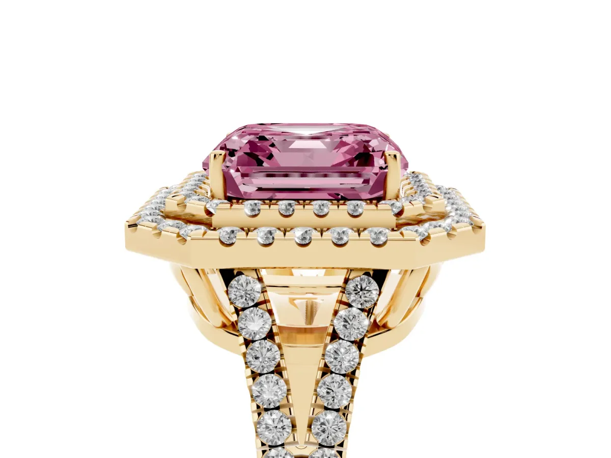 Fancy Pink Asscher Cut Diamond Double Halo Ring with Pavé Band and Prong Setting Yellow gold