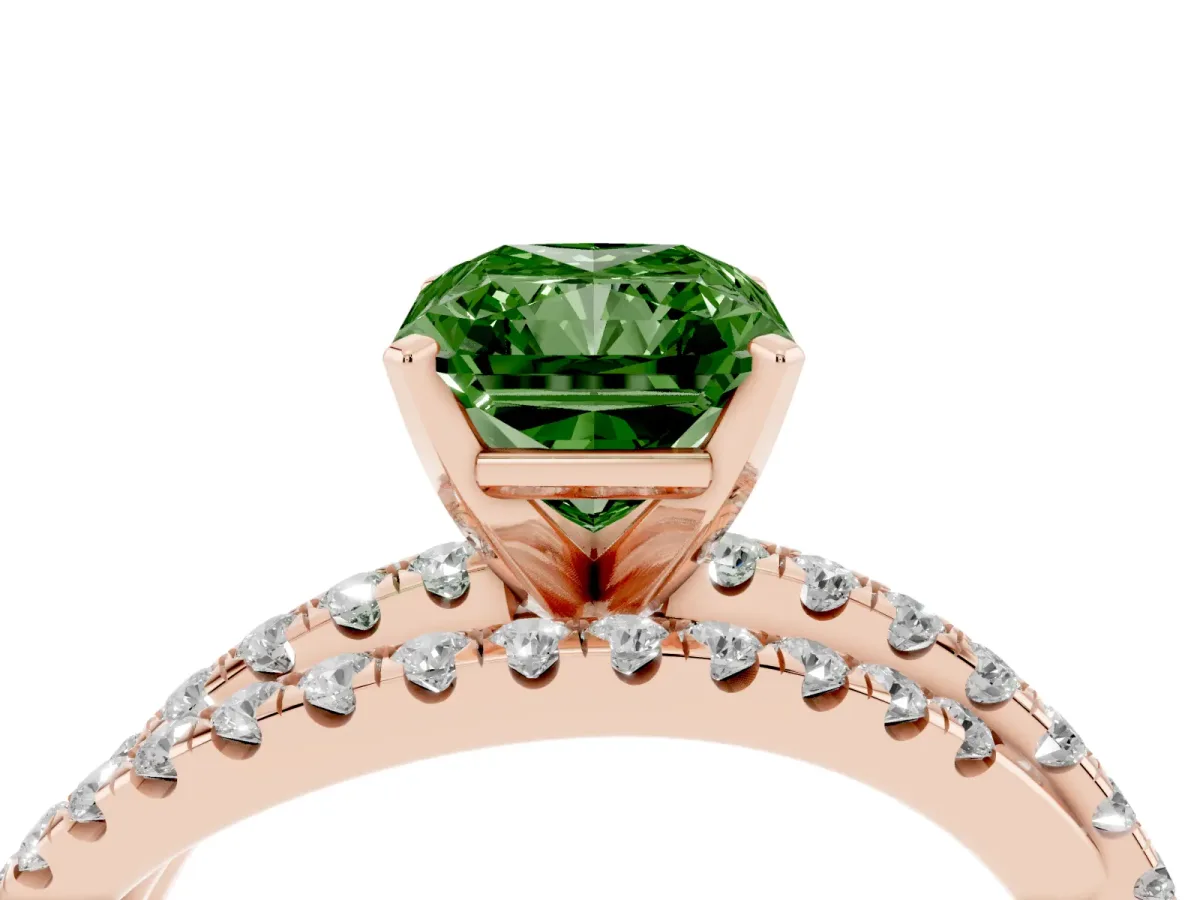 Fancy Green Radiant Cut Solitaire Twist Band with Pavé Setting and Four-Prong Setting Rose gold