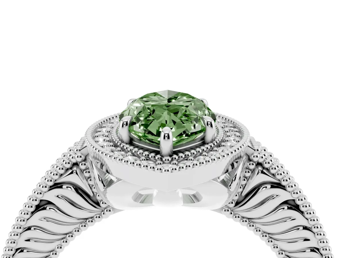 Fancy Green Marquise Cut Cut Halo Diamond Ring with Pavé Band and Four-Prong Setting Platinum