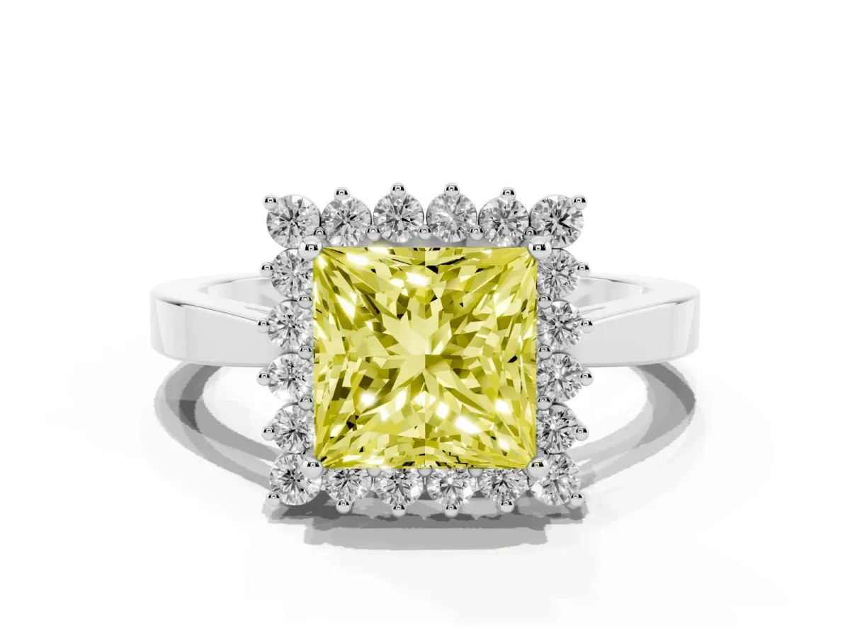 Fancy Yellow Princess Cut Cut Diamond Halo Ring with Round Brilliant Halo and Solitaire Band Silver