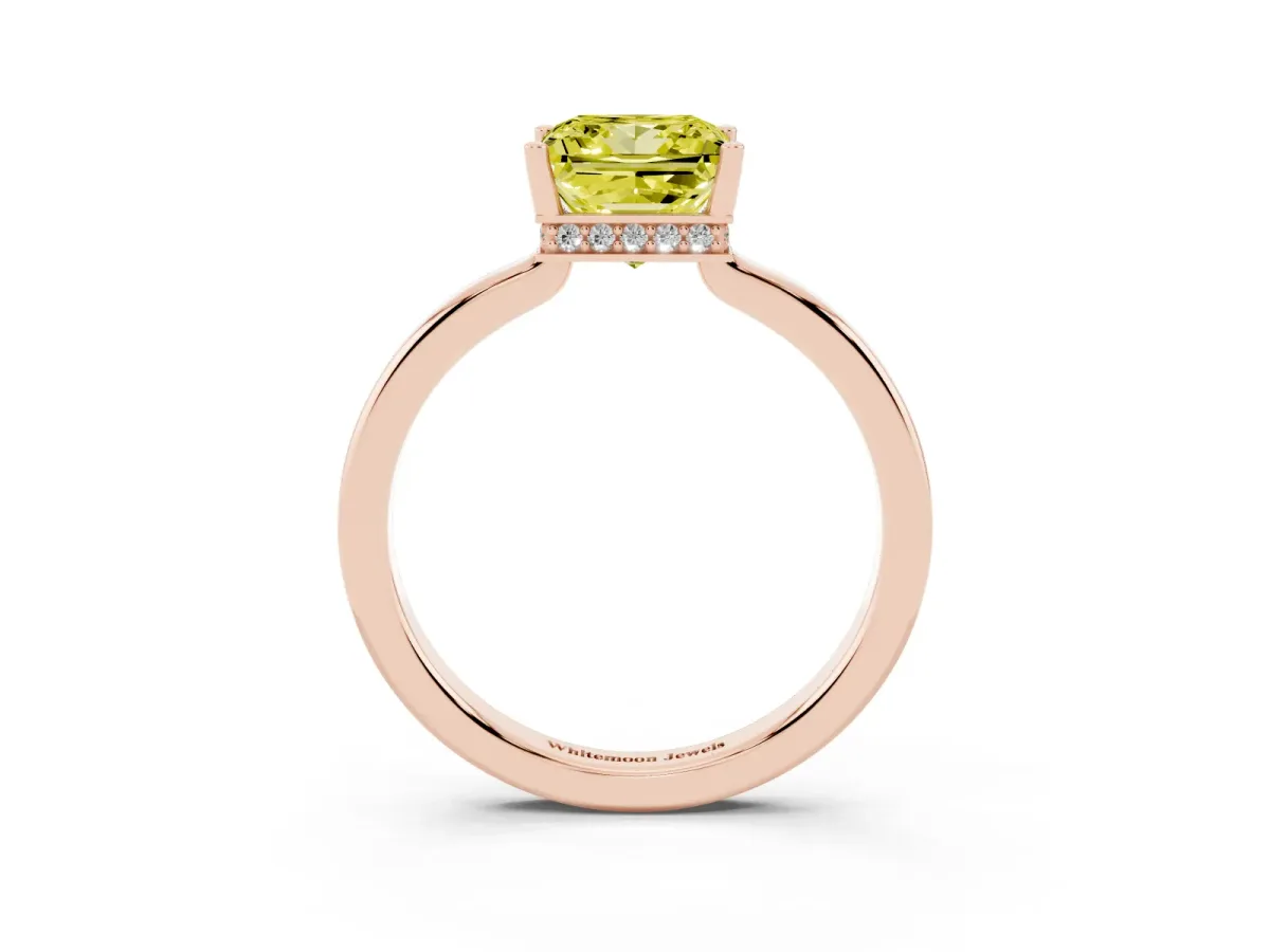 Fancy Yellow Princess Cut Cut Solitaire Engagement Ring with Four-Prong Setting on a Classic Band Rose gold