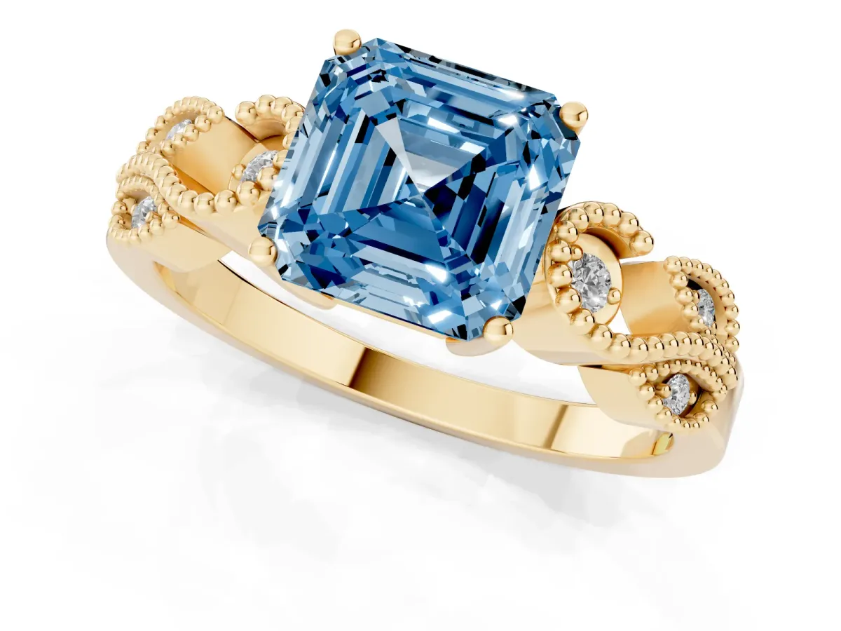 Fancy Blue Asscher Cut Solitaire Milgrain Leaf Band with Prong Setting Yellow gold