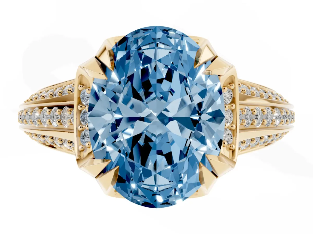 Fancy Blue Oval Cut Solitaire Pave Split Shank Ring with Four-Prong Setting Yellow gold