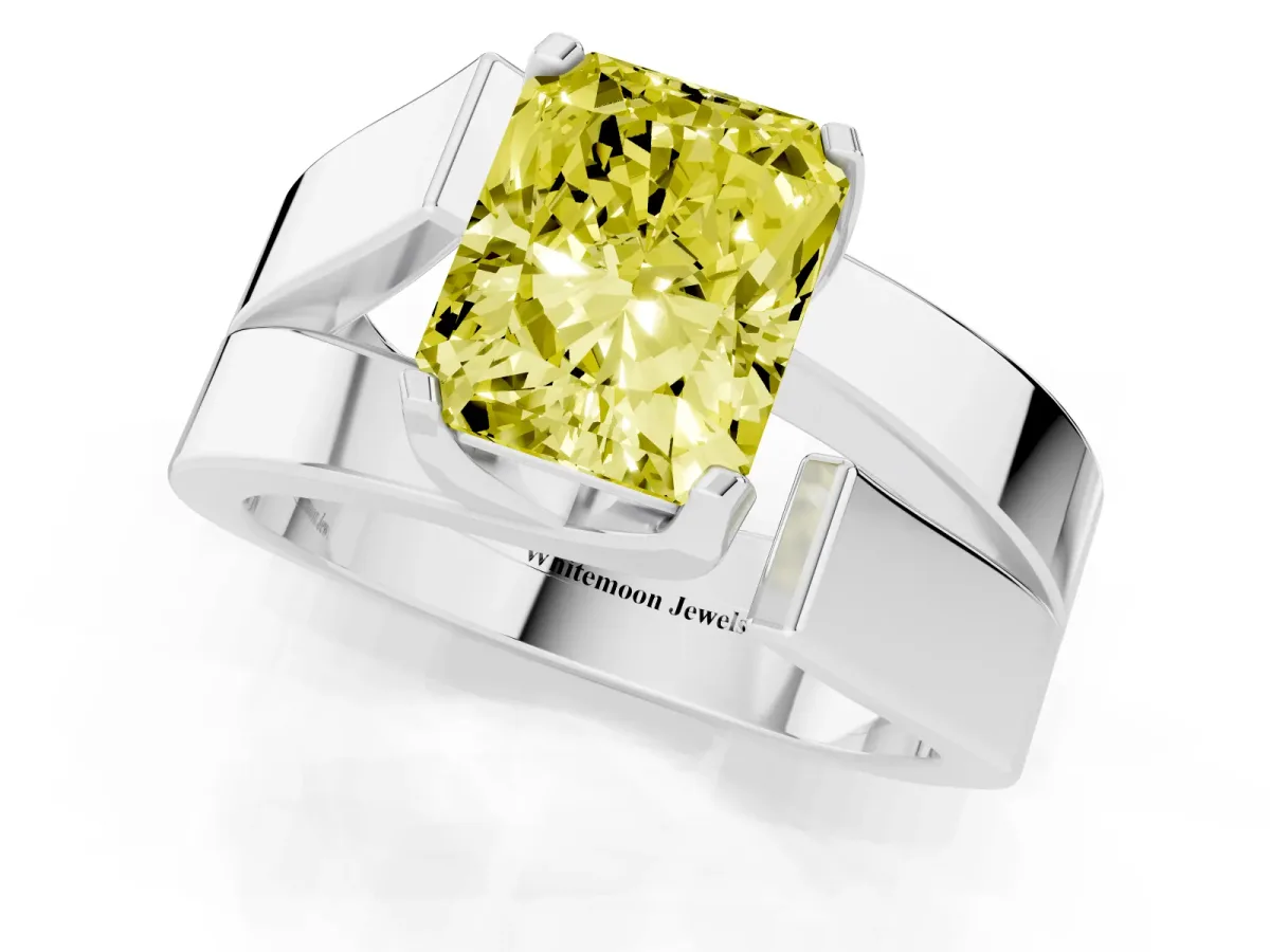 Fancy Yellow Modern Tension Set Radiant Cut Diamond Solitaire Wide Band Ring Silver