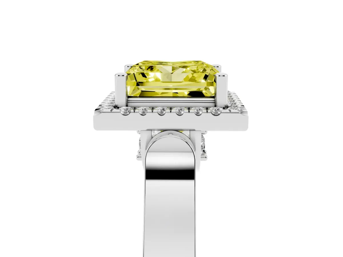 Fancy Yellow Princess Cut Halo Round Diamond Twist Band with Four-Prong Setting White gold