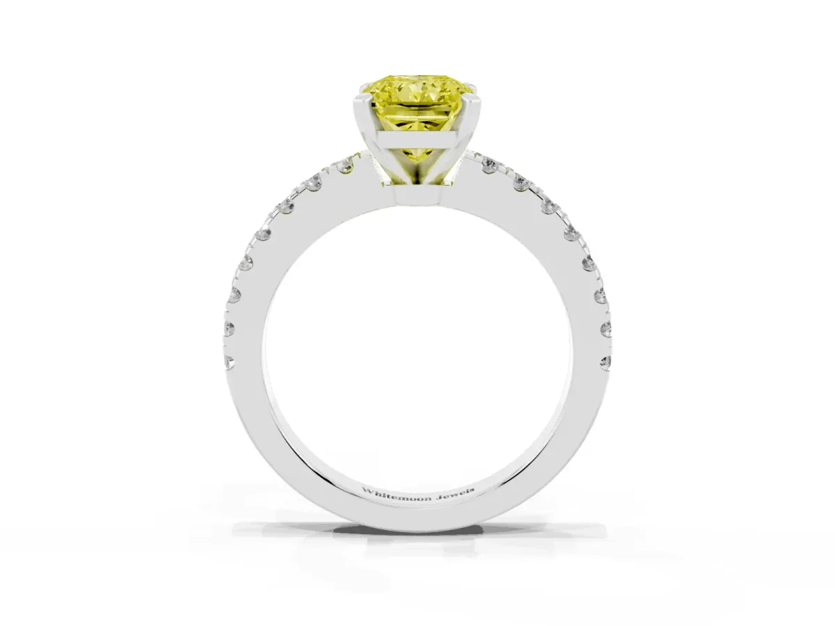 Fancy Yellow Radiant Cut Solitaire Diamond with Pavé Band and Four-Prong Setting White gold