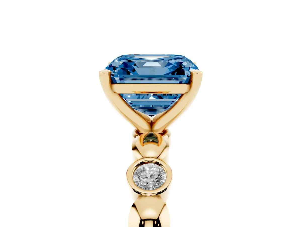 Fancy Blue Asscher Cut Solitaire Bezel-Set Diamond Ring with Beaded Band and Four-Prong Setting Yellow gold
