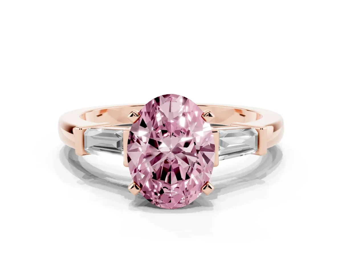 Fancy Pink Oval Cut Cut Diamond Solitaire Ring with Tapered Baguette Accents and Four-Prong Setting Rose gold