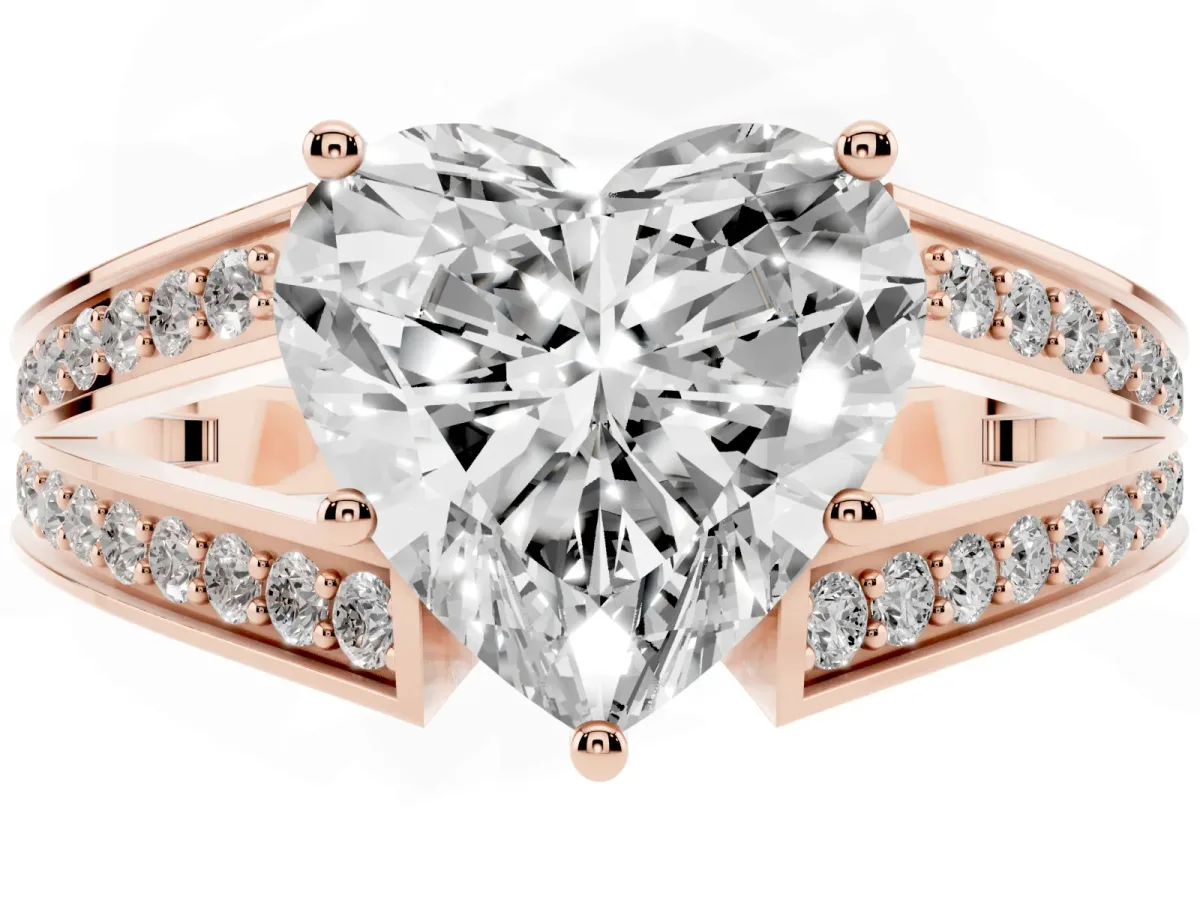 Heart Cut Diamond Split Shank Ring with Pavé Band and Four-Prong Setting Rose gold
