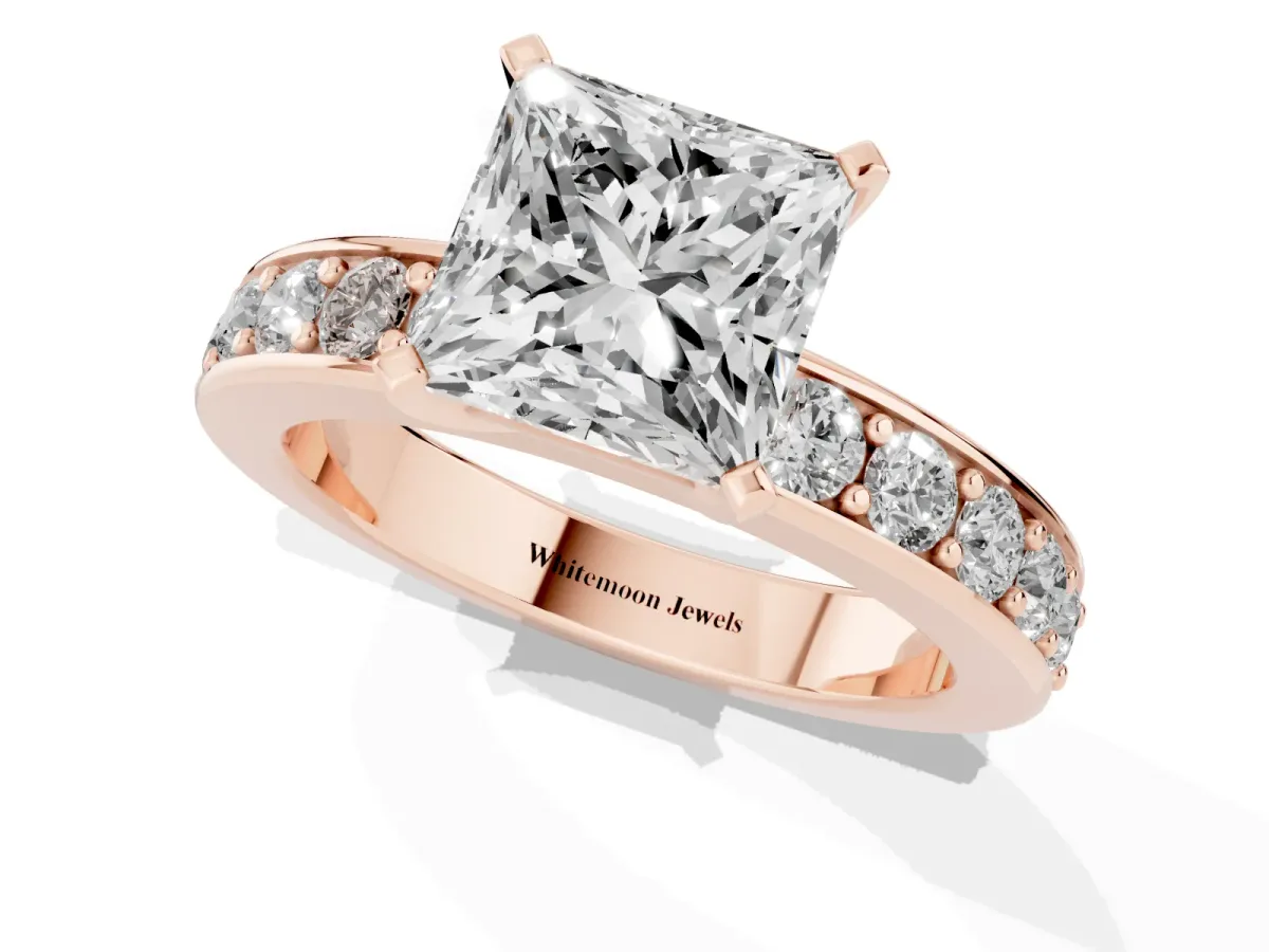 Princess Cut Diamond Engagement Ring with Channel Set Round Band and Prong Setting Rose gold