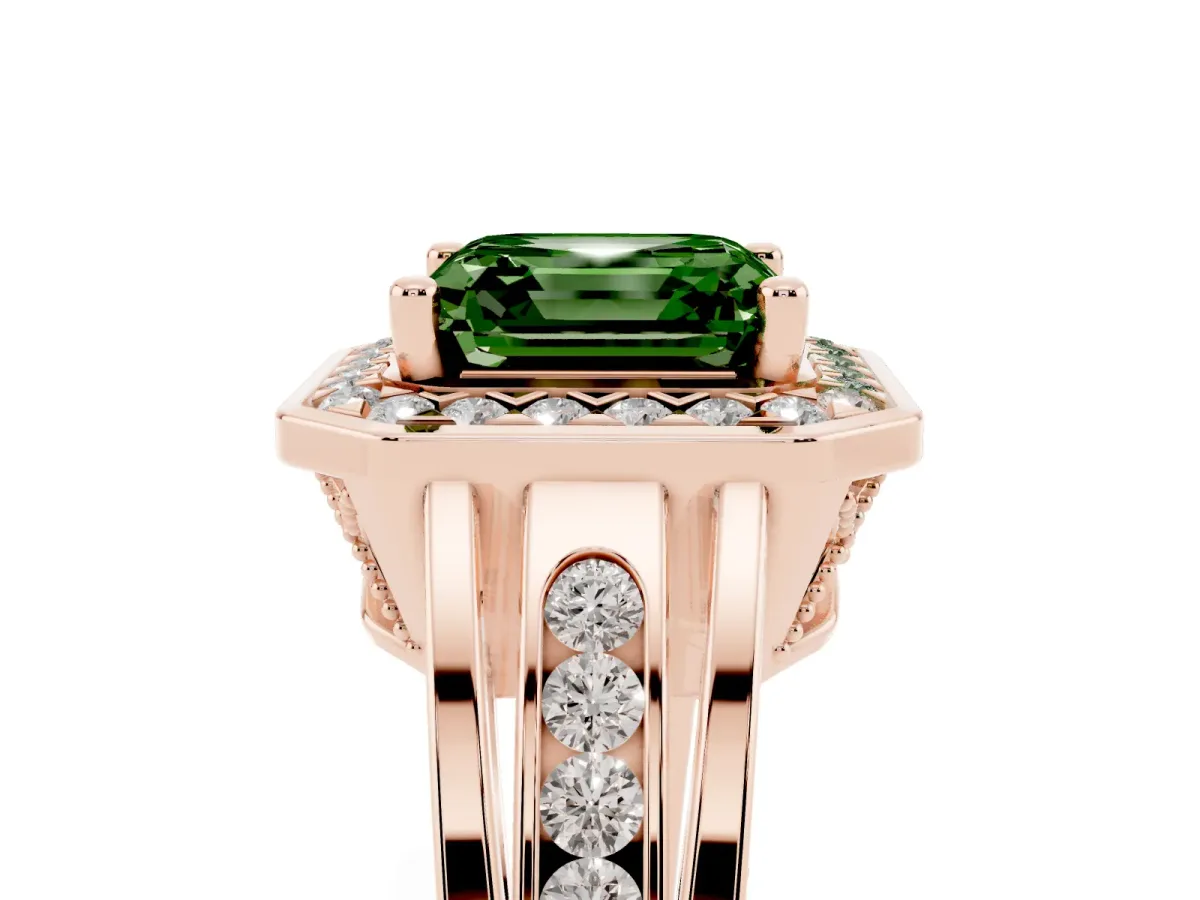 Fancy Green Asscher Cut Diamond Halo Ring with Split Shank and Bezel Accents and Prong Setting Rose gold