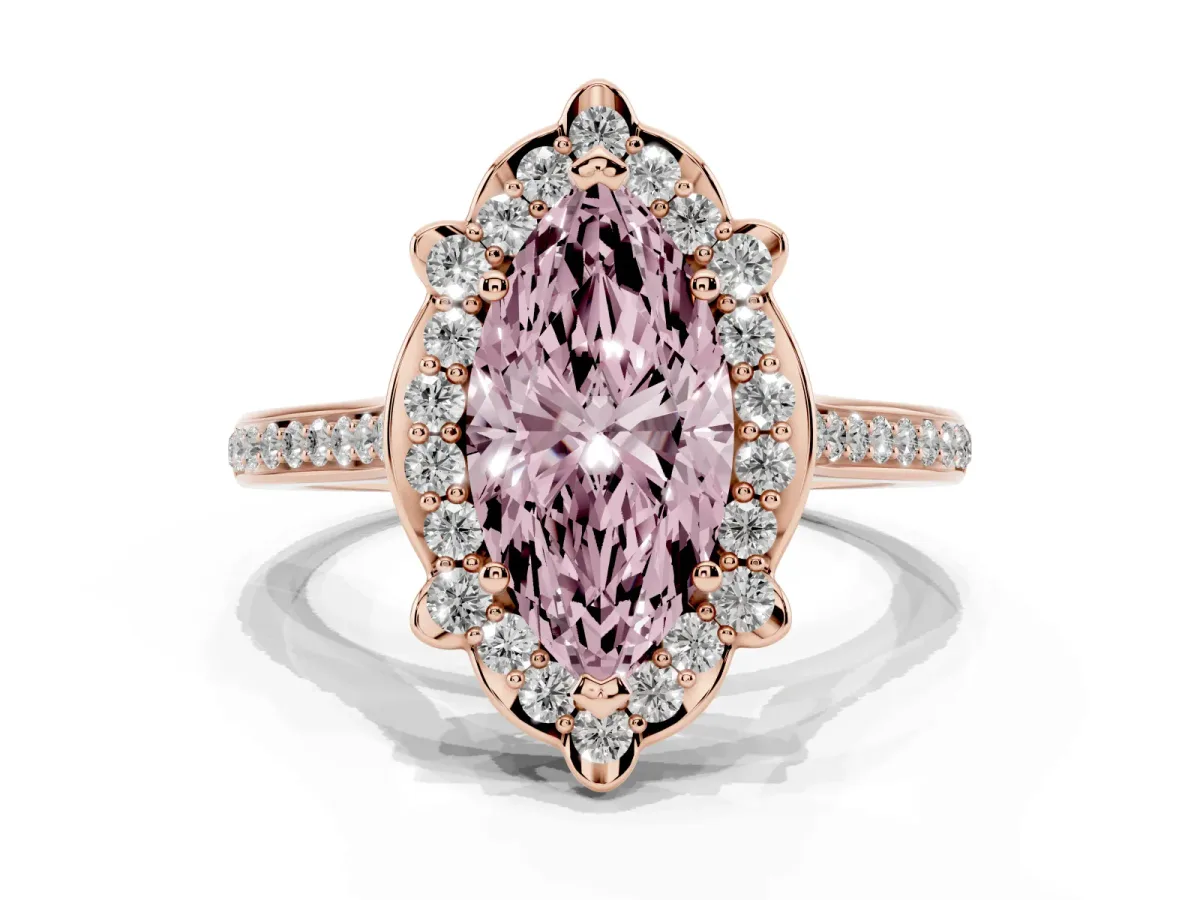 Fancy Pink Marquise Cut Halo Round Diamond Pave Band with Four-Prong Setting Rose gold