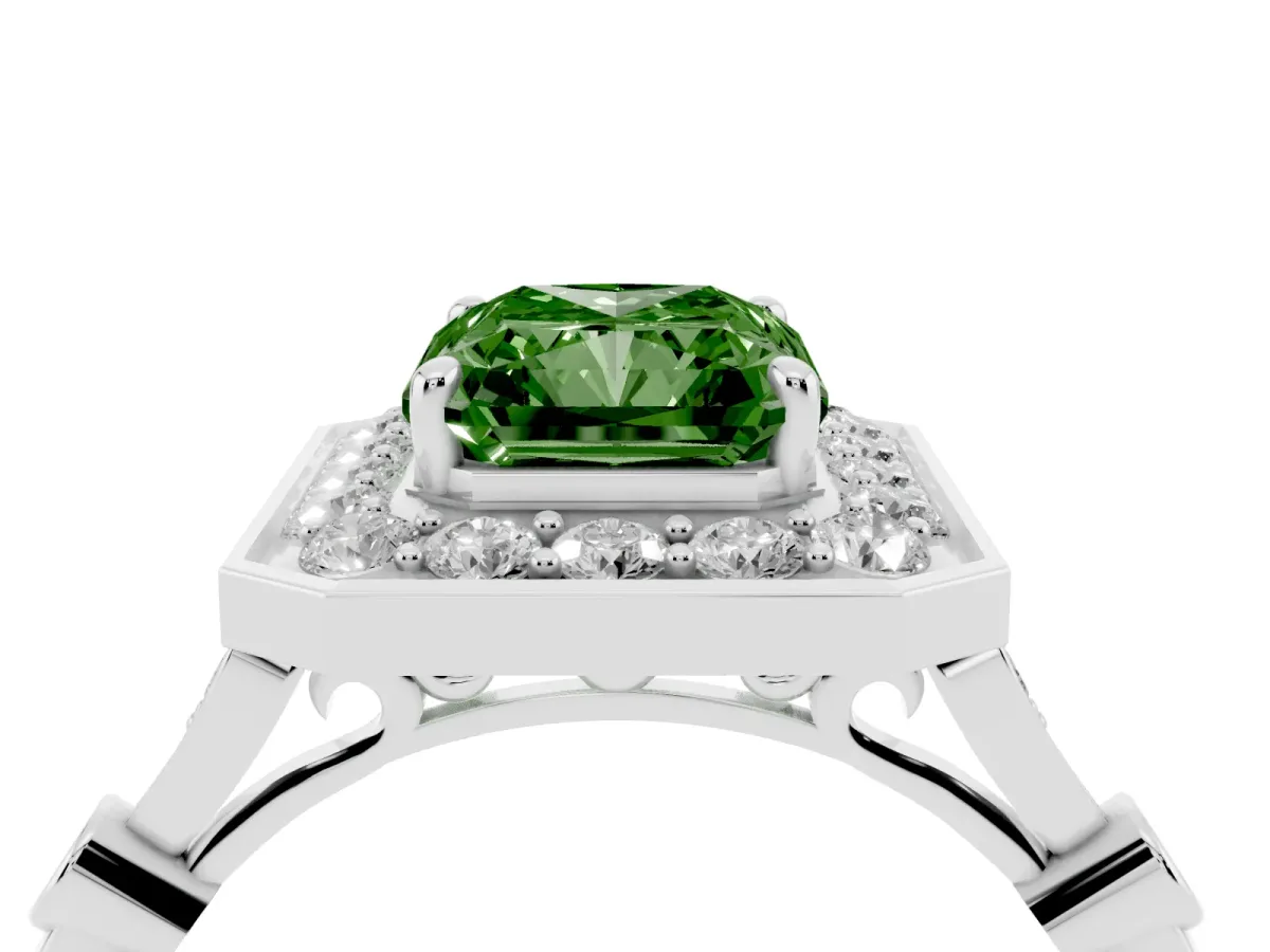 Fancy Green Radiant Cut Halo Diamond Engagement Ring with Twisted Band and Four-Prong Setting Silver