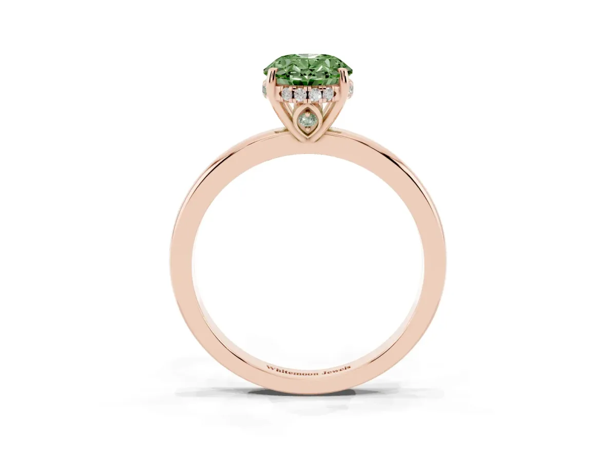 Fancy Green Oval Cut Solitaire Diamond Ring with Prong Setting and Plain Band Rose gold