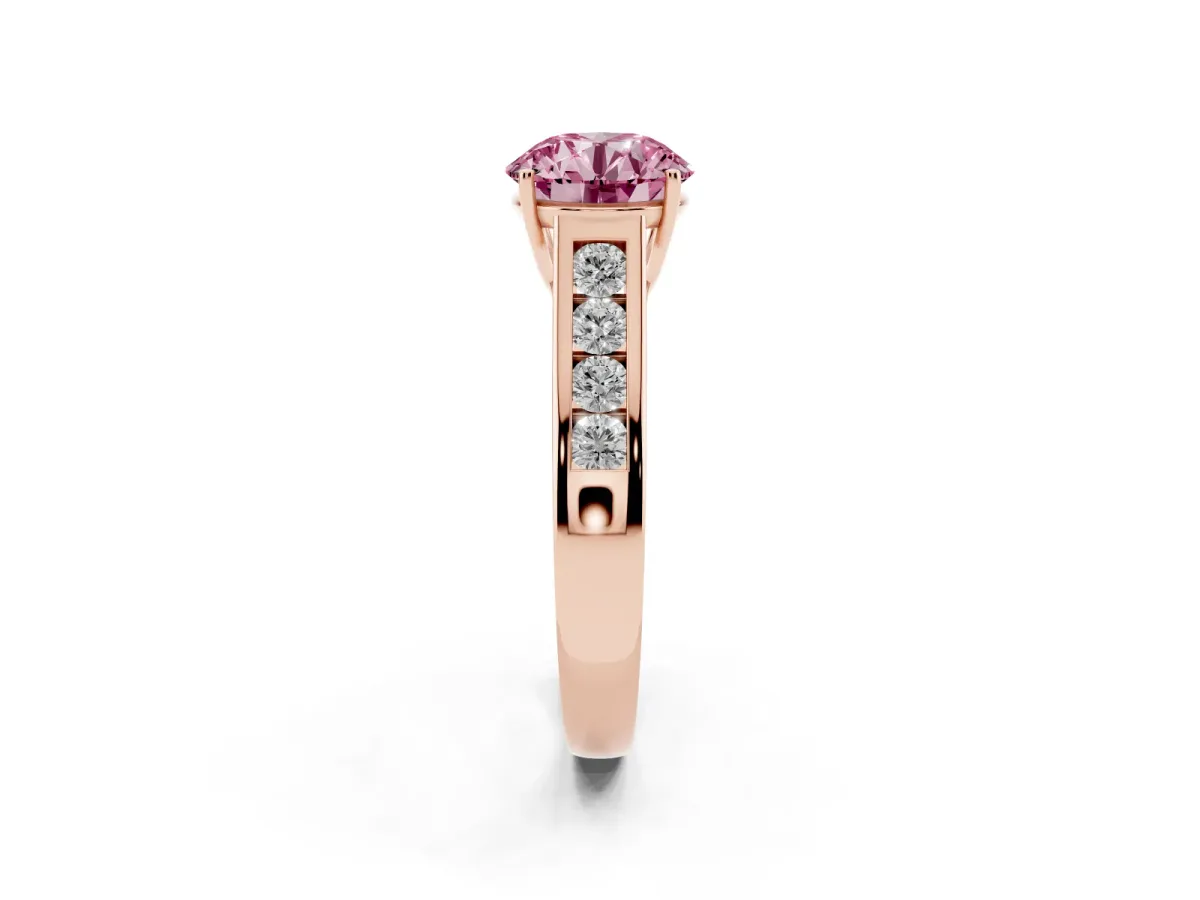 Fancy Pink Round Cut Solitaire Channel-Set Diamond Engagement Ring with Four-Prong Setting Rose gold