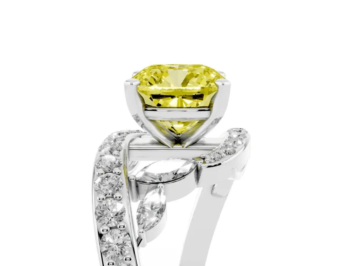 Fancy Yellow Cushion Cut Solitaire with Pavé Twist Band and Four-Prong Setting Platinum