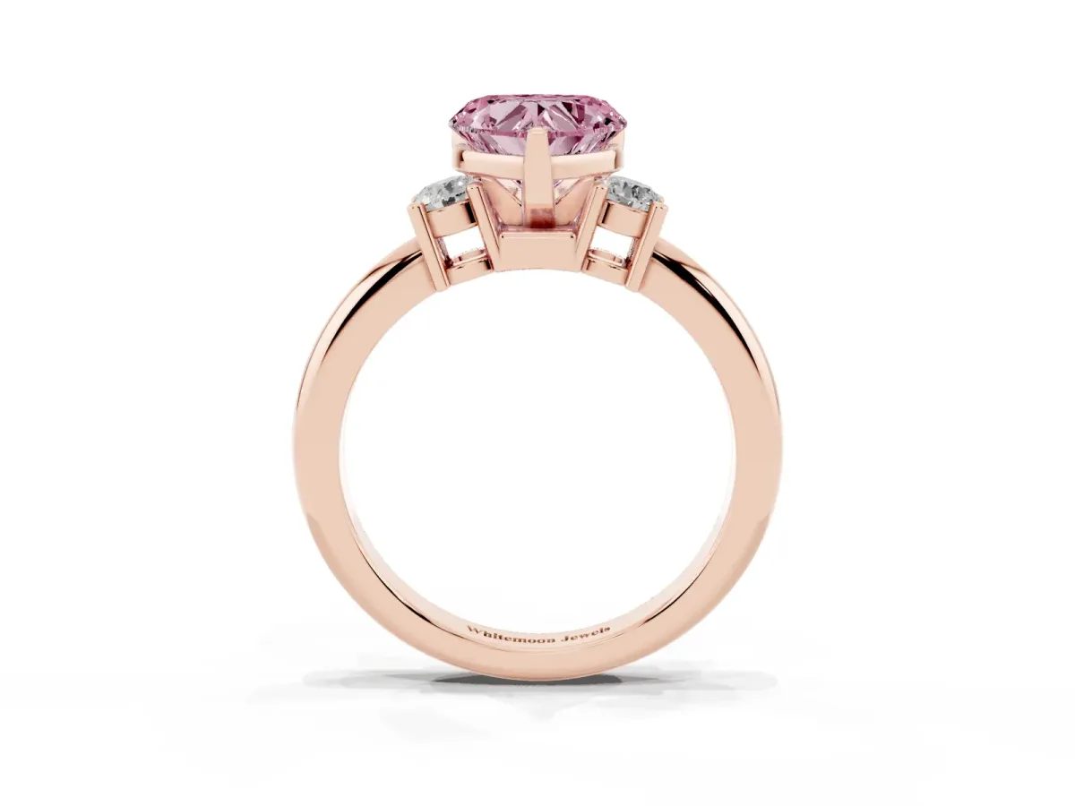 Fancy Pink Three-Stone Heart Cut Cut Diamond Solitaire with Prong Setting and Classic Band Rose gold