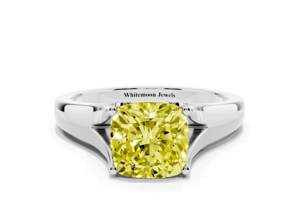 Fancy Yellow Cushion Cut Solitaire Diamond Ring with Cathedral Band and Four-Prong Setting Silver