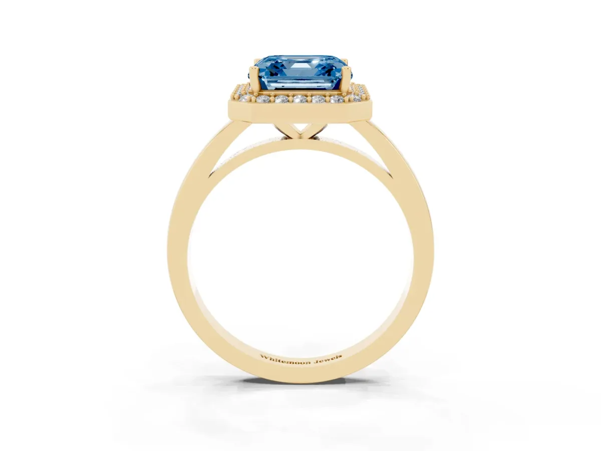 Fancy Blue Asscher Cut Halo Diamond Ring with Solitaire Band and Prong Setting Yellow gold