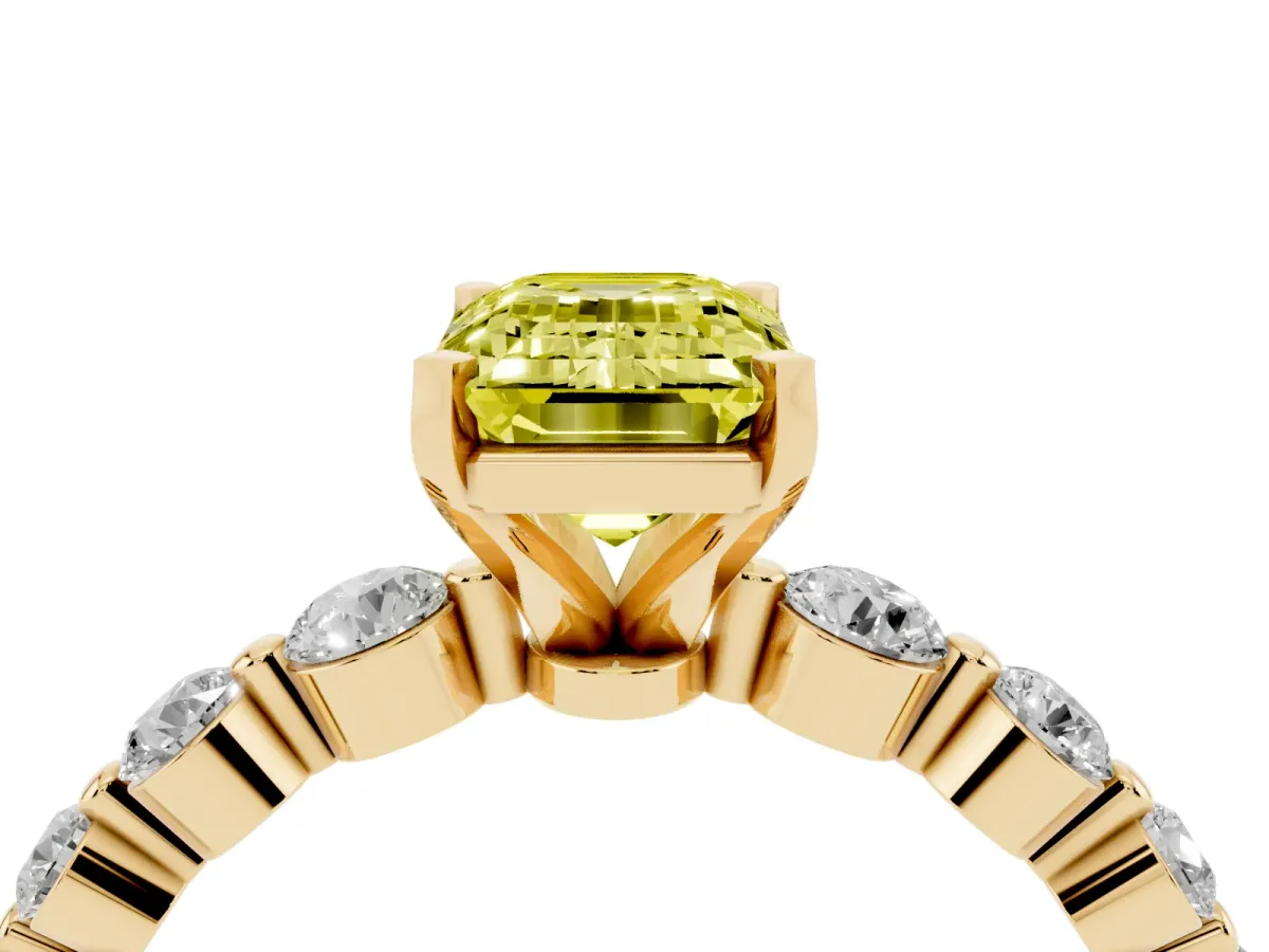 Fancy Yellow Emerald Cut Solitaire Diamond Ring with Pave Band and Four-Prong Setting Yellow gold