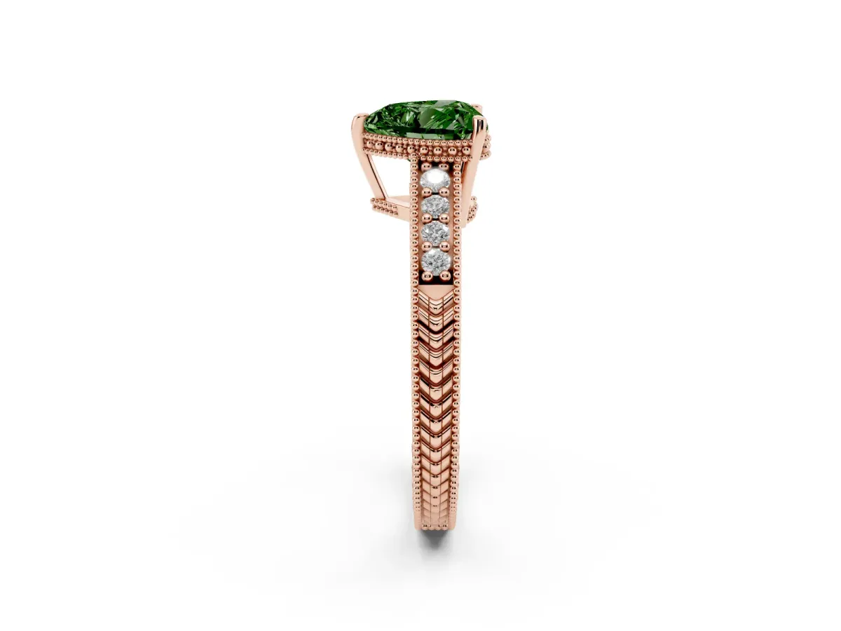 Fancy Green Heart Cut Solitaire Pavé Diamond Milgrain Engagement Ring with Four-Prong Setting Rose gold