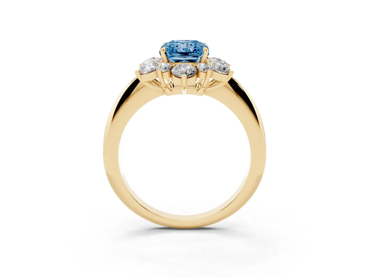 Fancy Blue Radiant Cut Diamond Cluster Halo Ring with Solitaire Band and Four-Prong Setting Yellow gold