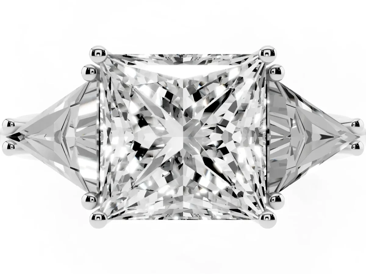Three-Stone Princess Cut Diamond Engagement Ring with Trillion Side Stones and Prong Setting Silver