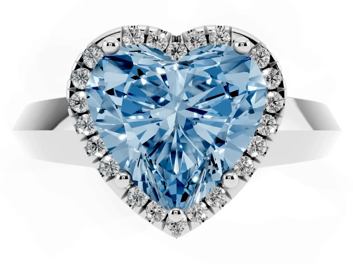 Fancy Blue Heart Cut Halo Diamond Ring with Cathedral Band and Four-Prong Setting Silver