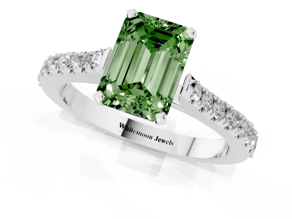 Fancy Green Emerald Cut Cut Solitaire Diamond Engagement Ring with Pave Band and Four-Prong Setting Platinum