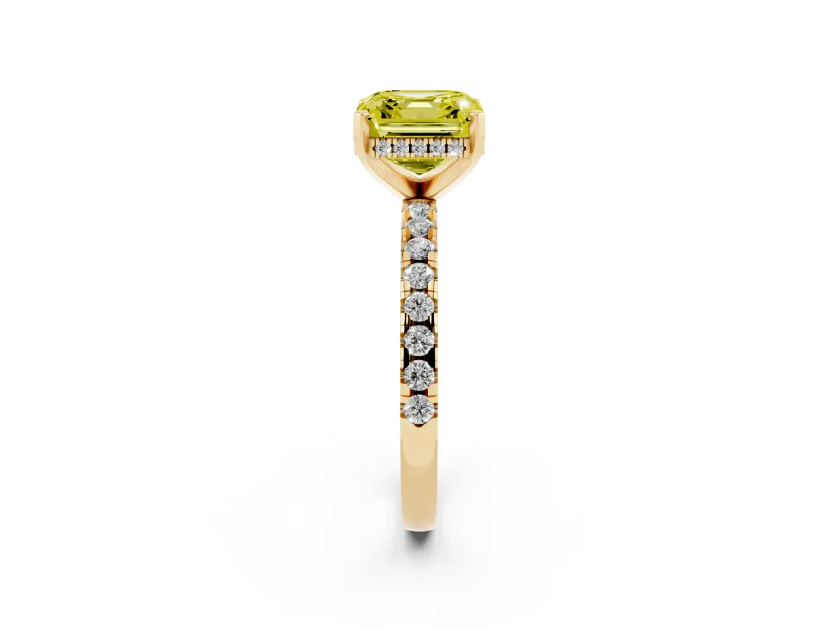Fancy Yellow Asscher Cut Diamond Solitaire Ring with Round Pavé Band and Four-Prong Setting Yellow gold