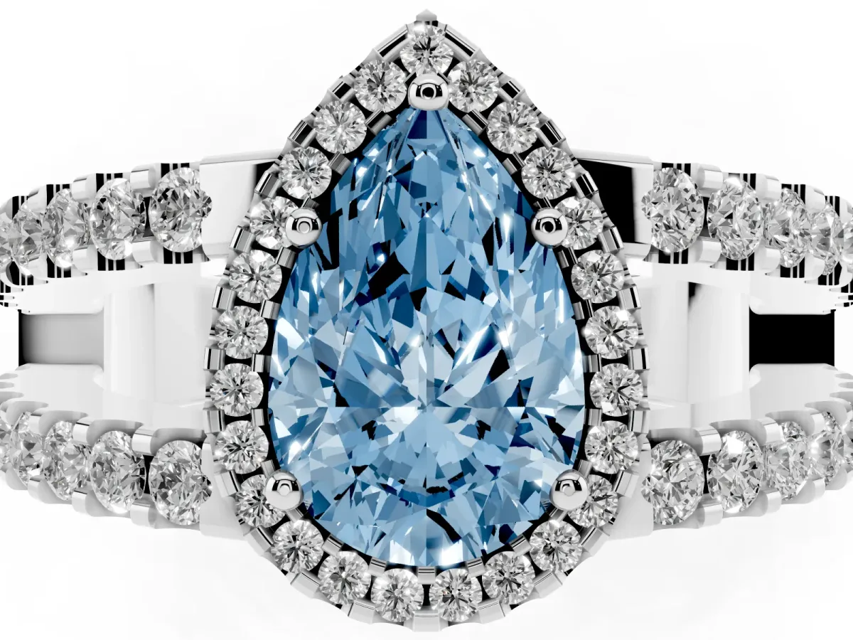 Fancy Blue Pear Cut Cut Halo Split Shank Diamond Ring with Four-Prong Setting Silver