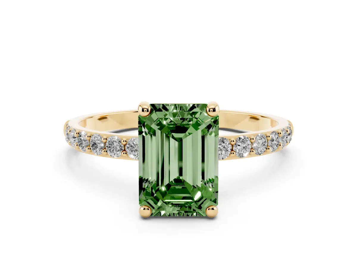 Fancy Green Emerald Cut Diamond Solitaire Ring with Round Pavé Band and Prong Setting Yellow gold