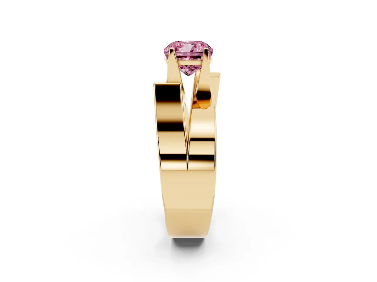 Fancy Pink Modern Tension Set Cushion Cut Diamond Solitaire Wide Band Ring Yellow gold