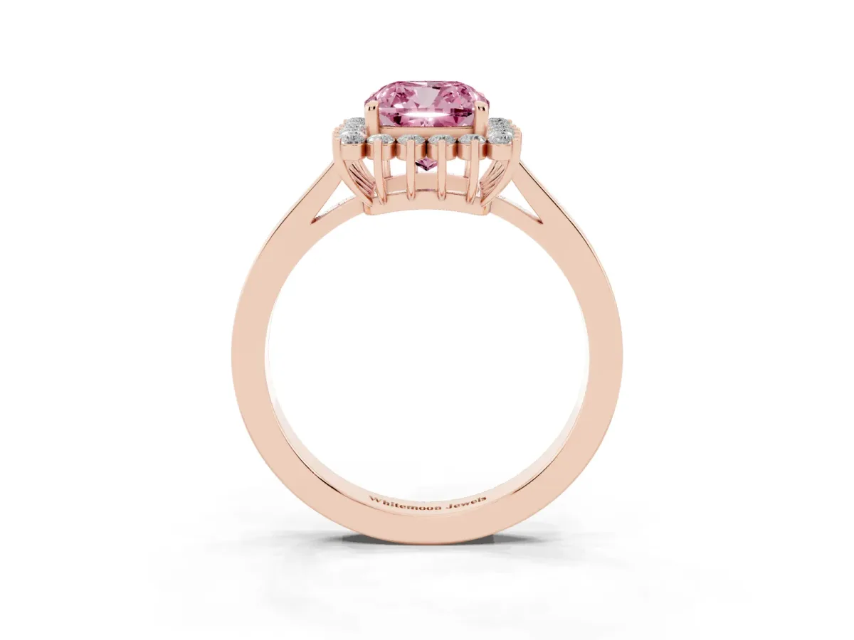 Fancy Pink Cushion Cut Cut Diamond Halo Ring with Round Brilliant Halo and Solitaire Band Rose gold