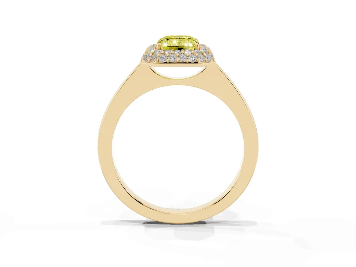Fancy Yellow Emerald Cut Halo Diamond Engagement Ring with Solitaire Band and Four-Prong Setting Yellow gold