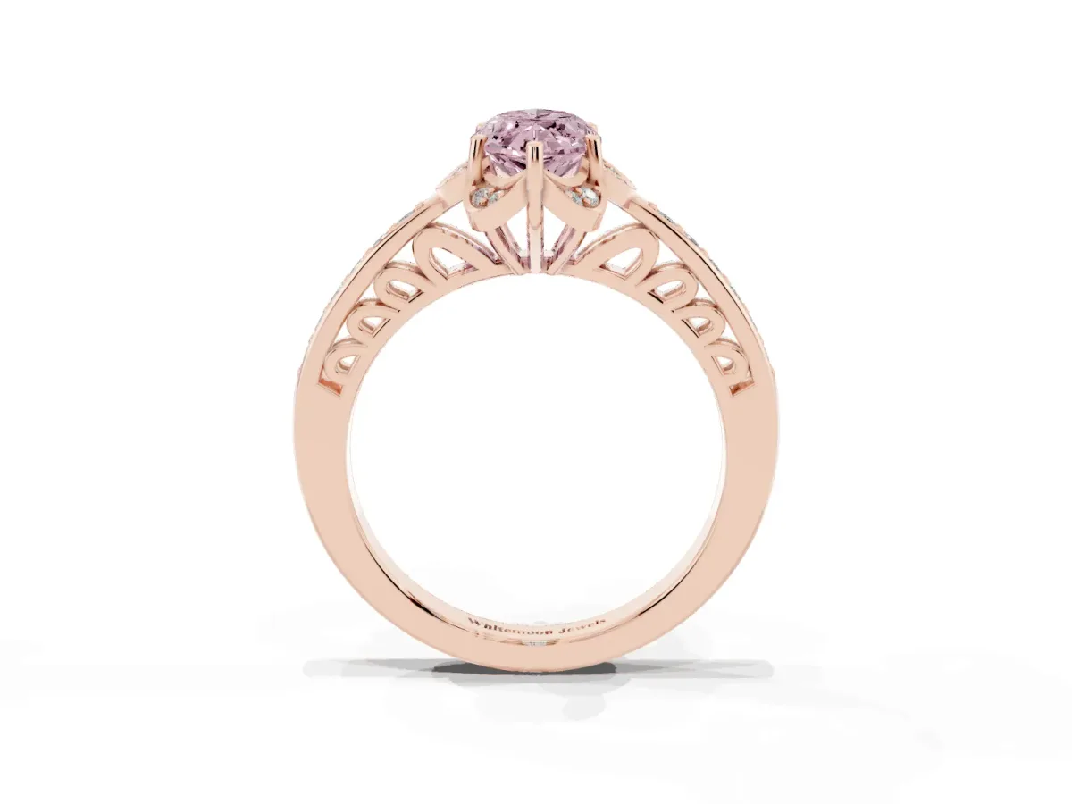 Fancy Pink Marquise Cut Cut Halo Diamond Ring with Channel Set Band and Four-Prong Setting Rose gold