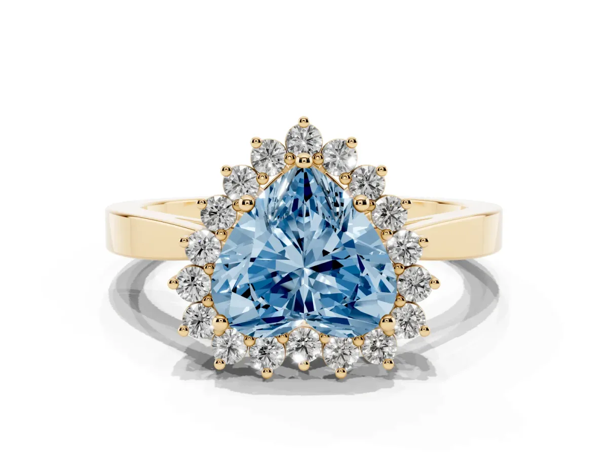 Fancy Blue Heart Cut Cut Diamond Halo Ring with Round Brilliant Halo and Solitaire Band Yellow gold