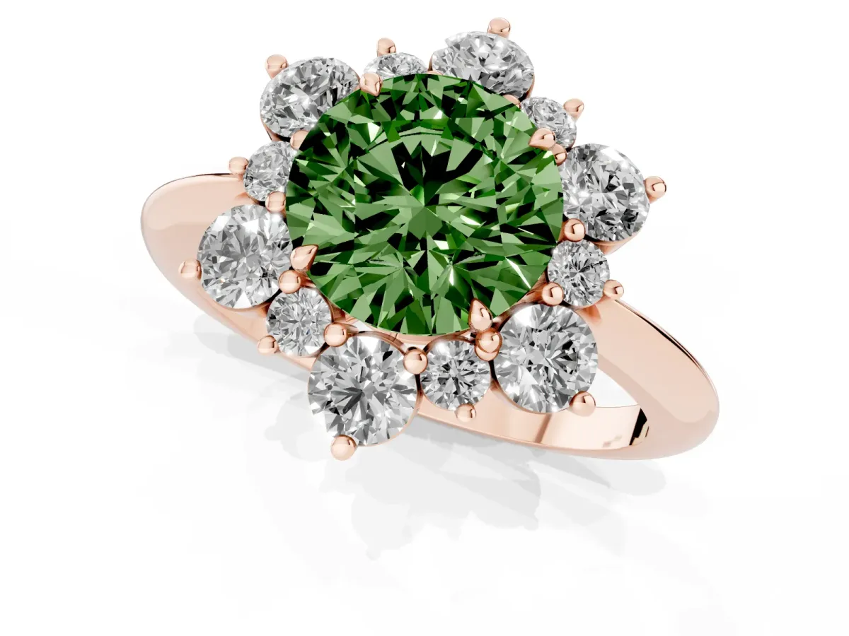 Fancy Green Round Cut Diamond Cluster Halo Ring with Solitaire Band and Four-Prong Setting Rose gold