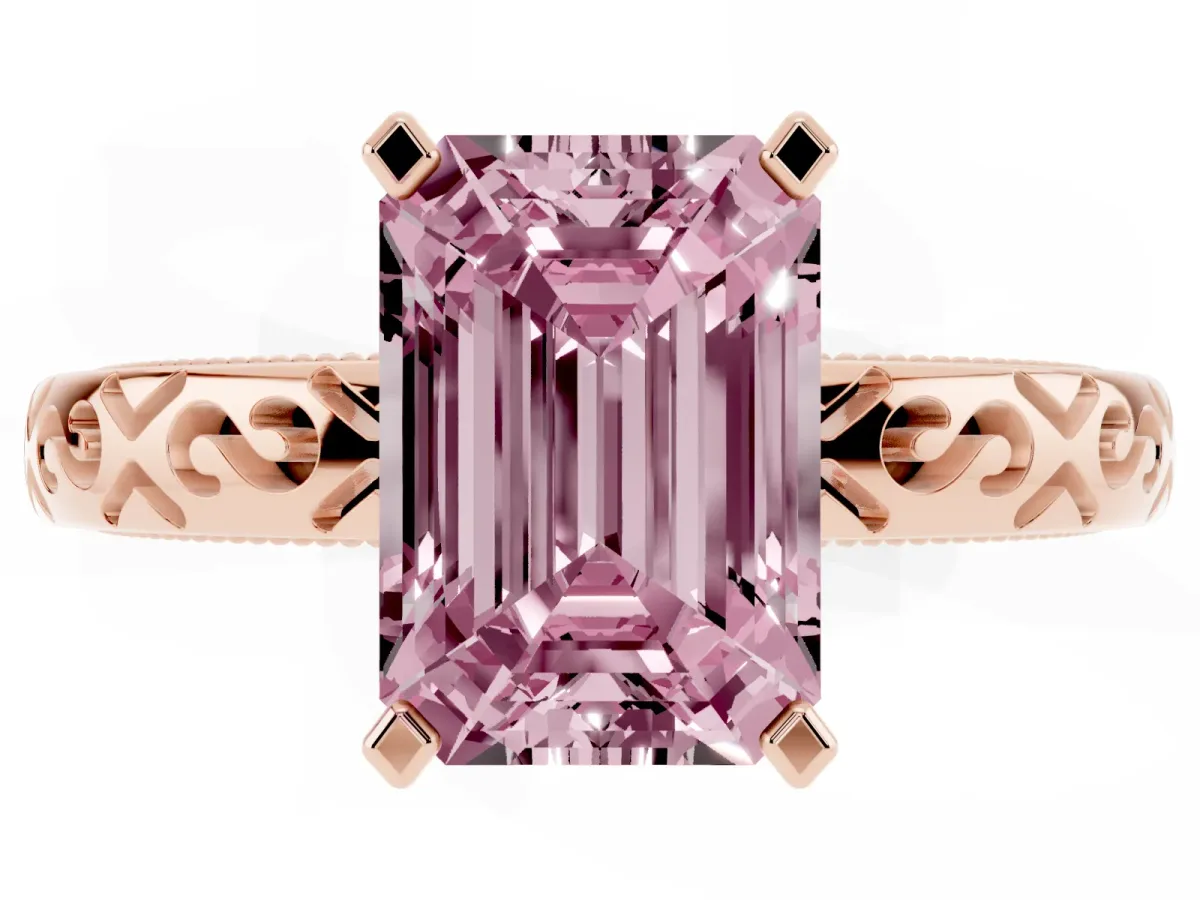 Fancy Pink Emerald Cut Solitaire Engagement Ring with Scrollwork Band and Four-Prong Setting Rose gold