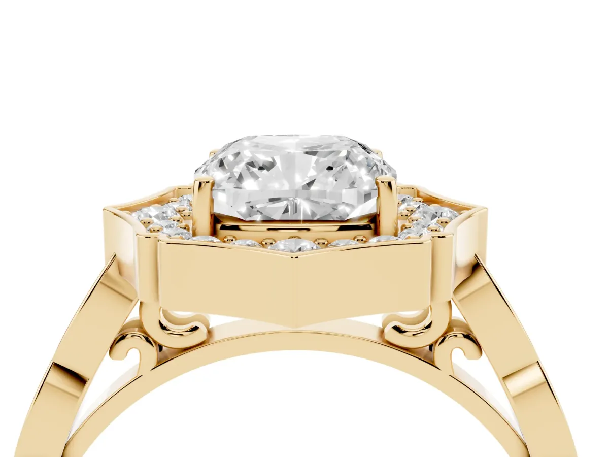 Cushion Cut Halo Diamond Engagement Ring with Milgrain Band and Four-Prong Setting Yellow gold