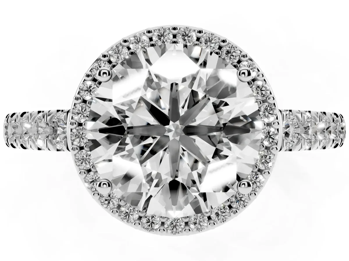Round Cut Cut Halo Diamond Engagement Ring with Pave Band and Four-Prong Setting White gold